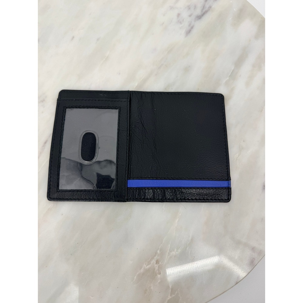 Nicole Miller Mens Black Genuine Leather Bifold Wallet Blue Stripe ID Window